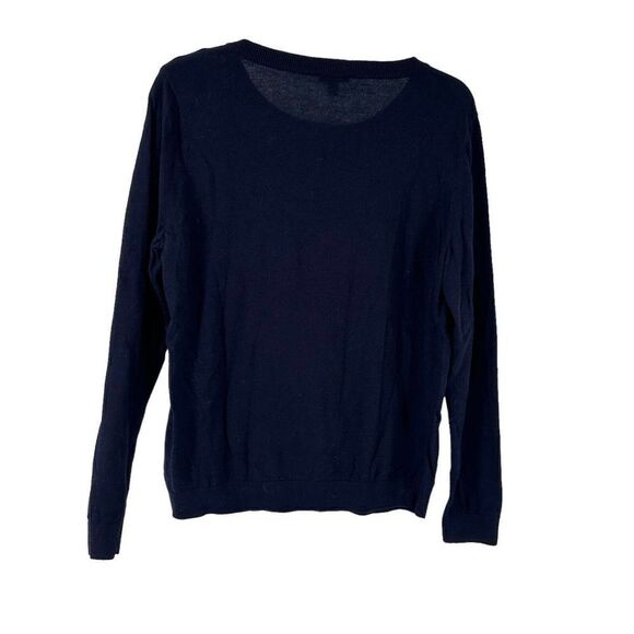 Talbots Sweater Size L Navy Blue Yellow Feather Embroidered Crew Neck Fun Preppy - Picture 5 of 7